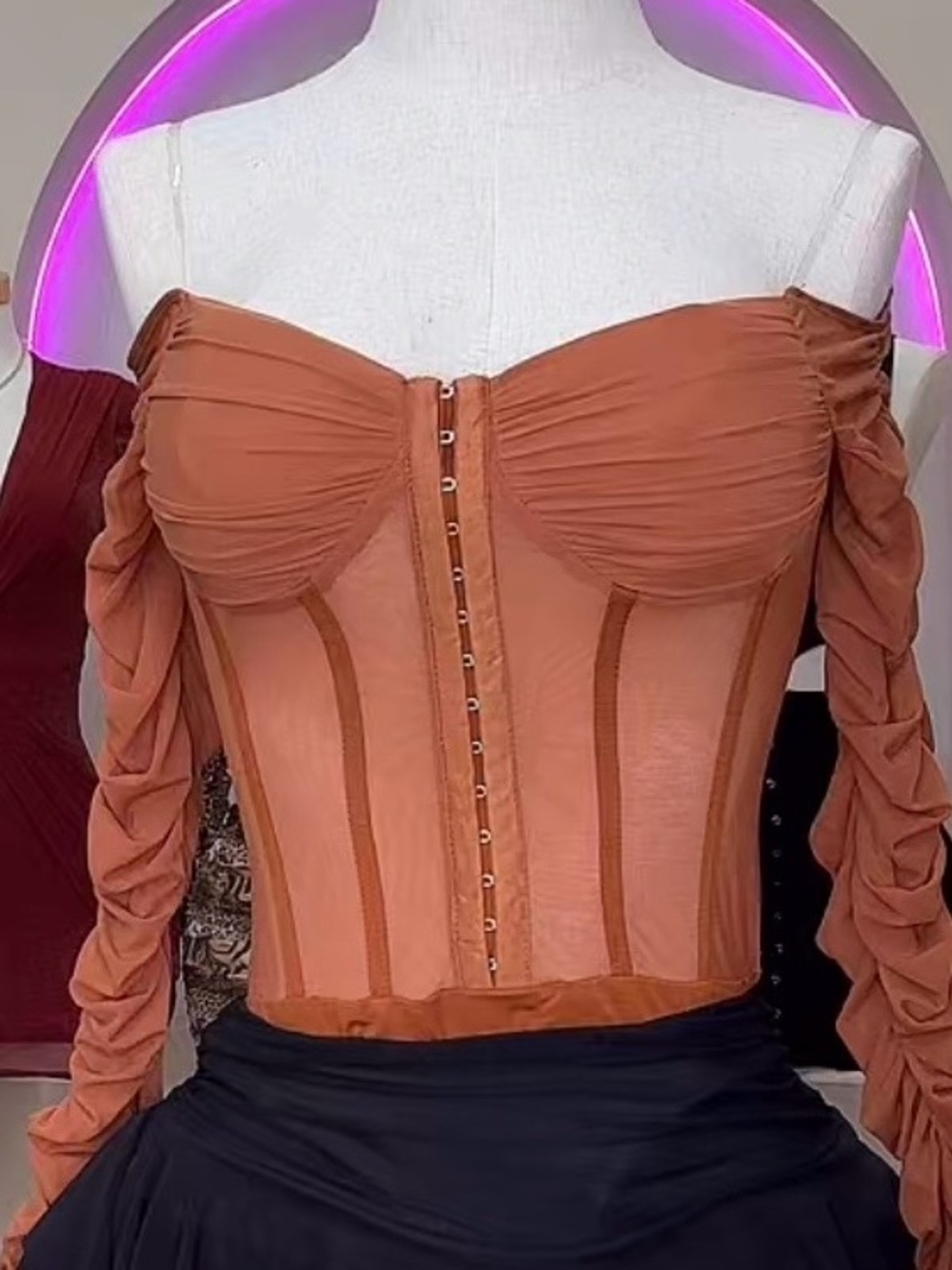 Ruched Off-Shoulder Corset Bodysuit in Rust